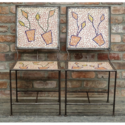 1029 - Pair of vintage 20th century French mosaic chairs with iron frames, H 89cm x W 41cm (2)