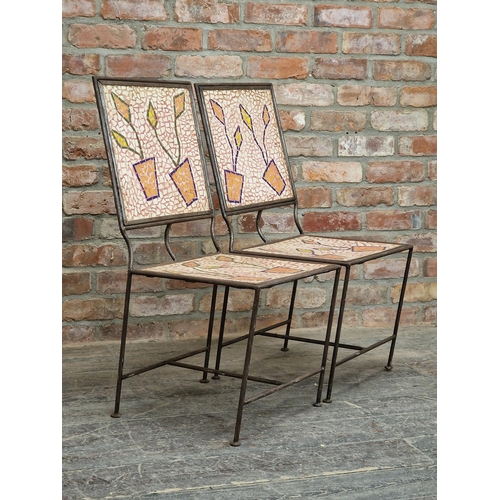 1029 - Pair of vintage 20th century French mosaic chairs with iron frames, H 89cm x W 41cm (2)