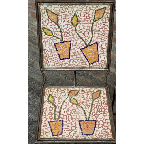 1029 - Pair of vintage 20th century French mosaic chairs with iron frames, H 89cm x W 41cm (2)