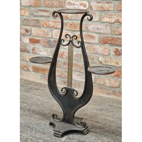 1031 - 20th century Neoclassical revival iron and brass plant stand in the form of a lyre, H 80cm x W 62cm ... 