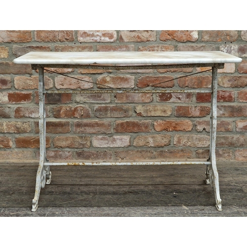 1032 - Early 20th century French painted iron bistro table with floral decoration and marble top, H 71cm x ... 