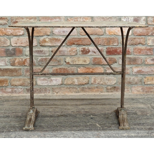 1033 - 19th century iron garden table with remnants of original paint, H 71cm x W 90cm x D 60cm