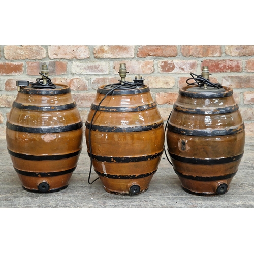 2353 - Three stoneware barrels converted to lamps, H 50cm x W 30cm