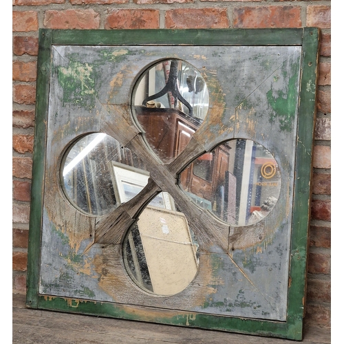 2413 - Vintage French quatrefoil window mirror with traces of original paint, H 100cm x W 100cm