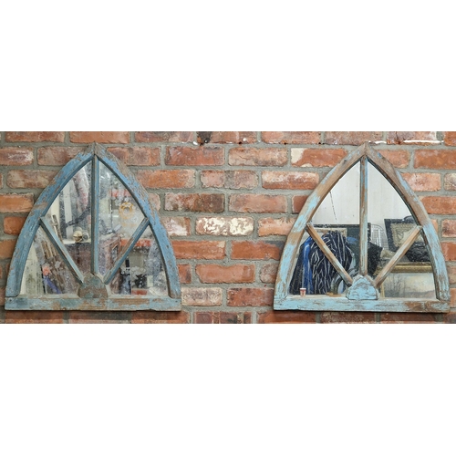 2417 - Pair of reclaimed arched window frames converted to mirrors with old glass, original paint, 65 x 69c... 