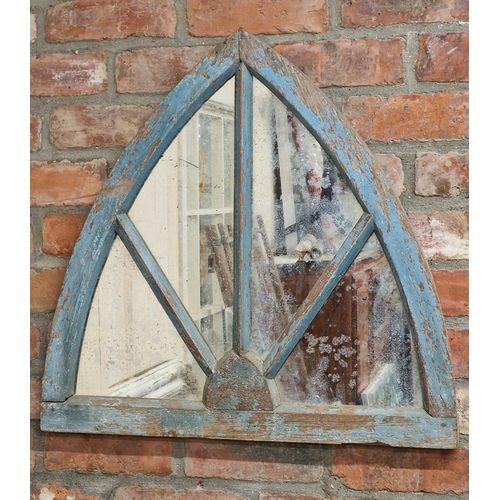 2417 - Pair of reclaimed arched window frames converted to mirrors with old glass, original paint, 65 x 69c... 