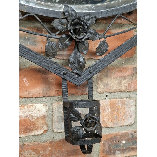 2420 - 1930s wrought iron mirrored hanging coat stand, with floral details, 73 x 75cm