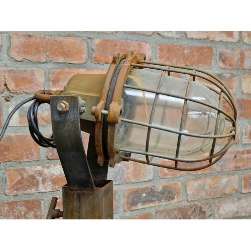 2354 - Vintage industrial bulkhead ships lamp, on stand, possibly a searchlight, 180cm high