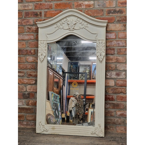 2421 - Painted and distressed arched over mantle mirror, 144 x 83cm