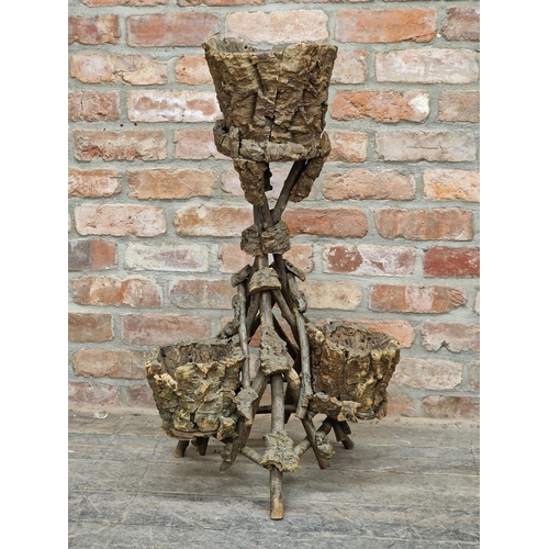 1037 - Victorian cork and twig tripod plant stand, H 91cm