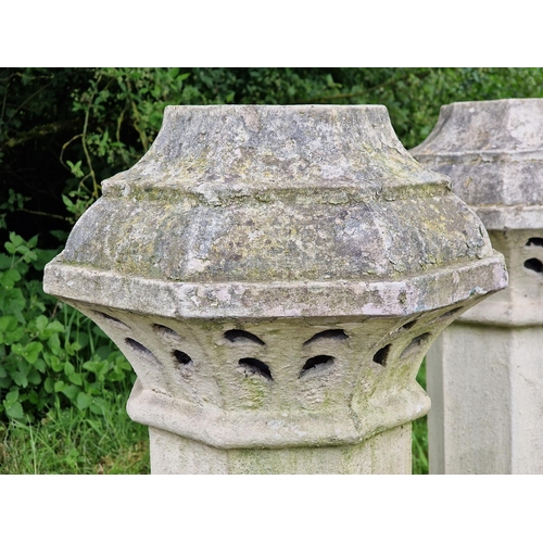 1043 - Pair of reclaimed buff coloured octagonal chimney pots with pierced detail, H 105cm x W 40cm