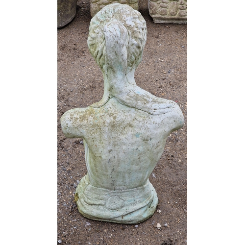 1047 - A weathered reconstituted stone three quarter length sculpture of a nude female torso, H 80cm x W 45... 