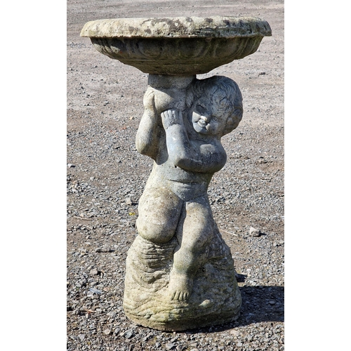 1048 - Reconstituted stone cherub bird bath, H 65cm x W 40cm