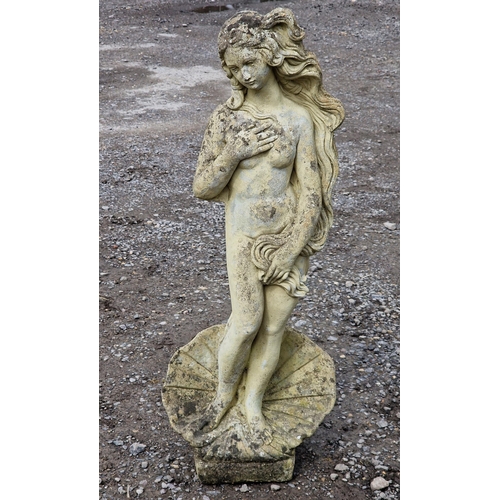 1049 - Reconstituted stone garden statue of a nude female stood in a shell, H 84cm