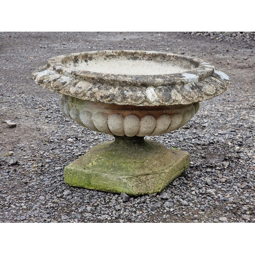 1082 - A reconstituted stone garden urn with lobed bowl and flared egg and dart rim, H 38cm