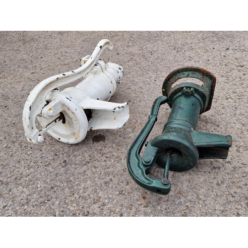 1083 - Pair of painted cast iron water pumps, largest H 55cm (2)