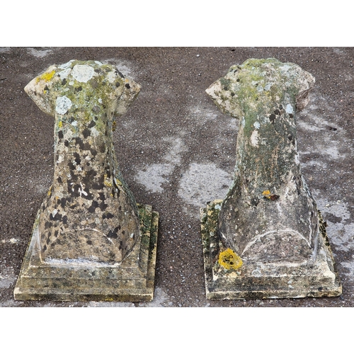 1093 - Exceptional pair of weathered reconstituted stone Great Dane heads raised on stepped square plinths,... 