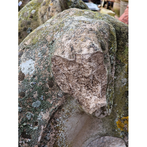 1093 - Exceptional pair of weathered reconstituted stone Great Dane heads raised on stepped square plinths,... 