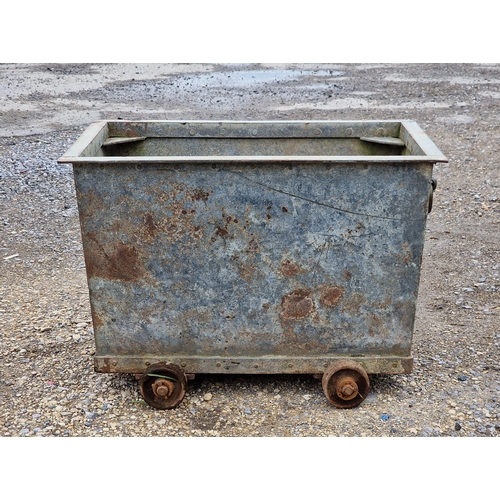 1102 - Cute rivetted galvanised steel cart on wheels with single bronze handle, H 45cm  x W 66cm x D 44cm