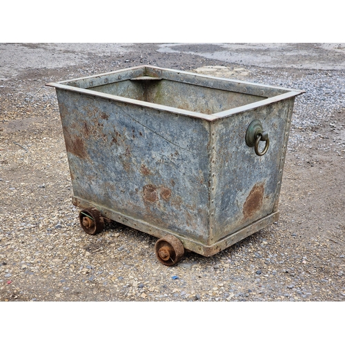 1102 - Cute rivetted galvanised steel cart on wheels with single bronze handle, H 45cm  x W 66cm x D 44cm