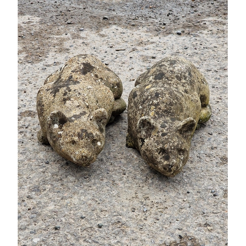 1103 - Pair of weathered reconstituted stone recumbent cats, H 14cm (2)