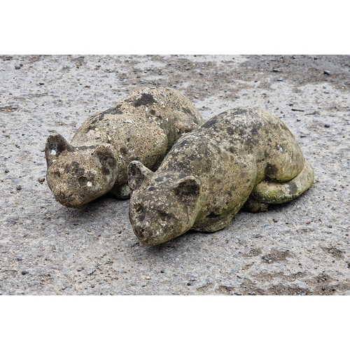 1103 - Pair of weathered reconstituted stone recumbent cats, H 14cm (2)