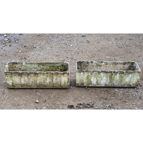 1107 - Two weathered reconstituted stone rectangular planters with fluted detail, H 20cm x W 60cm x D 22cm ... 