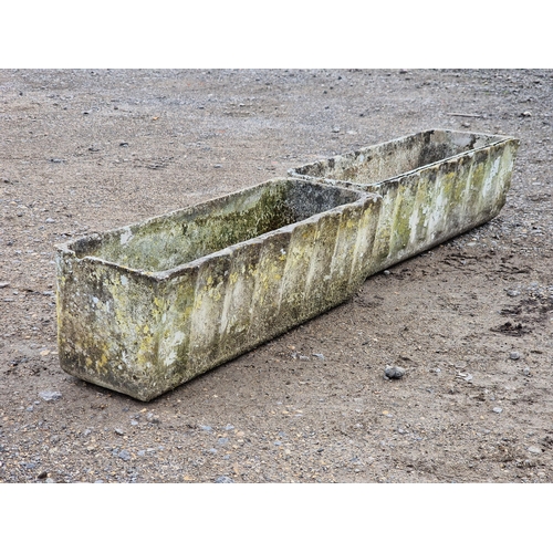 1107 - Two weathered reconstituted stone rectangular planters with fluted detail, H 20cm x W 60cm x D 22cm ... 