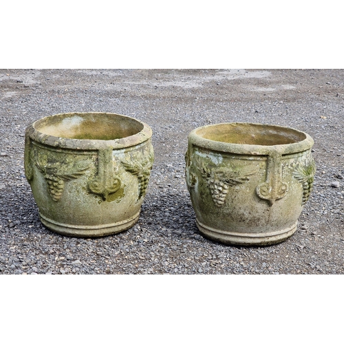 1108 - Pair of weathered reconstituted stone planters with grape relief detail, H 32cm x D 40cm (2)