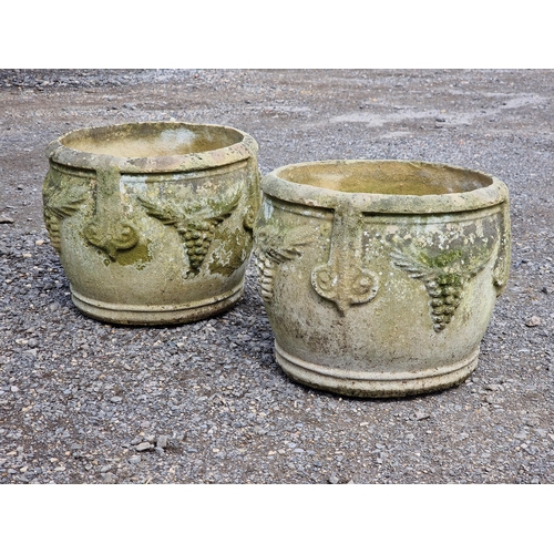 1108 - Pair of weathered reconstituted stone planters with grape relief detail, H 32cm x D 40cm (2)