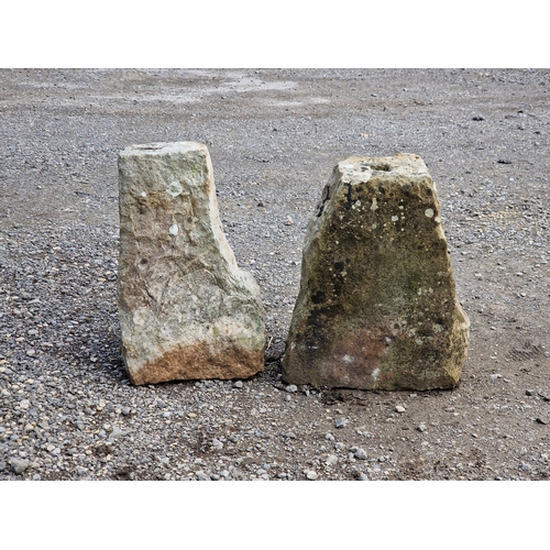 1109 - Two weathered rustic stone staddle stone bases / bollards, H 39 (2)