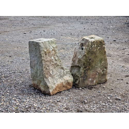 1109 - Two weathered rustic stone staddle stone bases / bollards, H 39 (2)