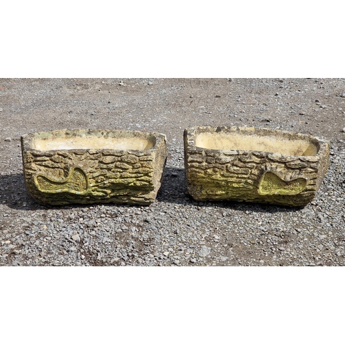 1112 - Pair of reconstituted stone simulated log effect planters, H 20cm x W 45cm x D 25cm (2)