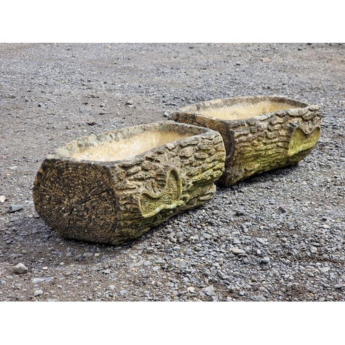 1112 - Pair of reconstituted stone simulated log effect planters, H 20cm x W 45cm x D 25cm (2)