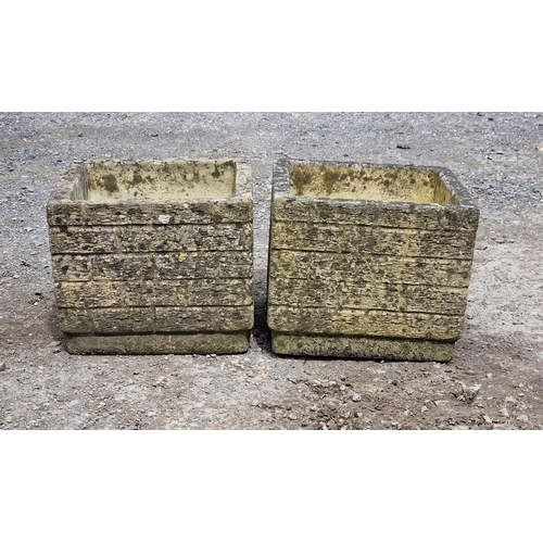 1118 - Sandford Stone - Pair of weathered reconstituted stone simulated brick work planters, H 30cm x W 35c... 