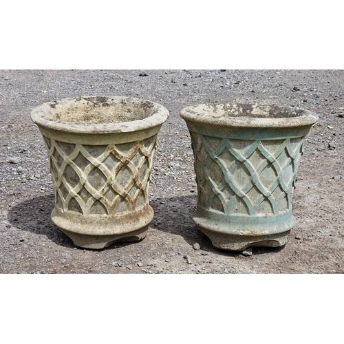 1119 - Pair of reconstituted stone planters with lattice relief detail, H 32cm x W 32cm (2)