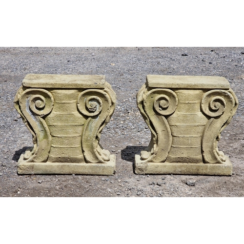 1120 - Pair of reconstituted stone garden bench pedestals with scrolled acanthus detail, H 36cm x W 36cm (2... 