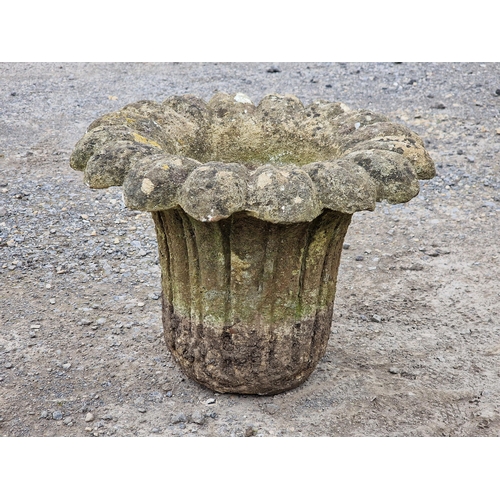 1121 - Weathered reconstituted stone garden urn (missing socle), H 36cm x W 49cm