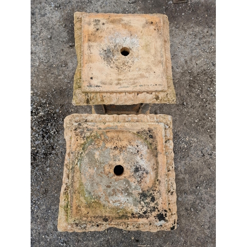 1128 - Pair of weathered reconstituted stone buff coloured pedestals with rope twist detail and fielded col... 