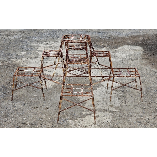 1138 - Vintage wrought iron plant stand with distressed paintwork, H 63cm x 130cm