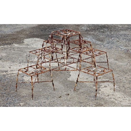 1138 - Vintage wrought iron plant stand with distressed paintwork, H 63cm x 130cm