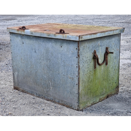 1145 - Good vintage galvanised steel grain bin with rivetted seams and twin iron handles, plaque inscribed ... 