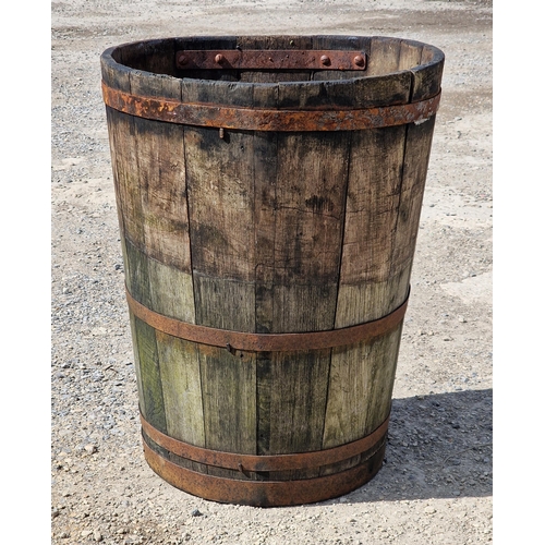 1147 - Vintage coopered oak grape hod or log bin with single loop handle, H 69cm x W 53cm x D 47cm