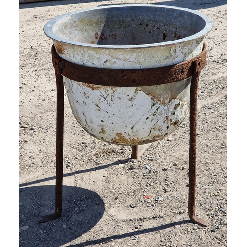 1150 - Vintage metal cauldron raised on a wrought iron stand, H 57cm x W 50cm