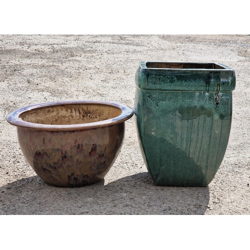 1158 - Two glazed terracotta planters of various sizes, largest H 50cm x W 38cm (2)