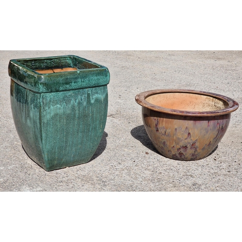 1158 - Two glazed terracotta planters of various sizes, largest H 50cm x W 38cm (2)