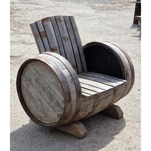 1160 - Pair of coopered oak barrel chairs with slatted seats and backs raised on sledge supports, H 86cm x ... 