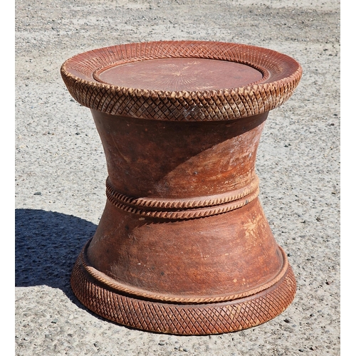 1166 - Indian terracotta stool with incised detail, H 40cm x W 40cm