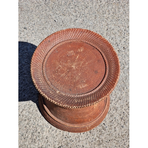 1166 - Indian terracotta stool with incised detail, H 40cm x W 40cm