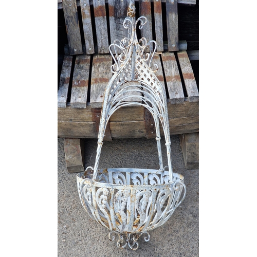 1169 - Painted metal hanging basket with pierced scrolling detail, H 92cm